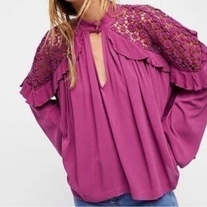 Free People Little Bit Of Love Ruffle Sleeve Flowy Top in Raspberry